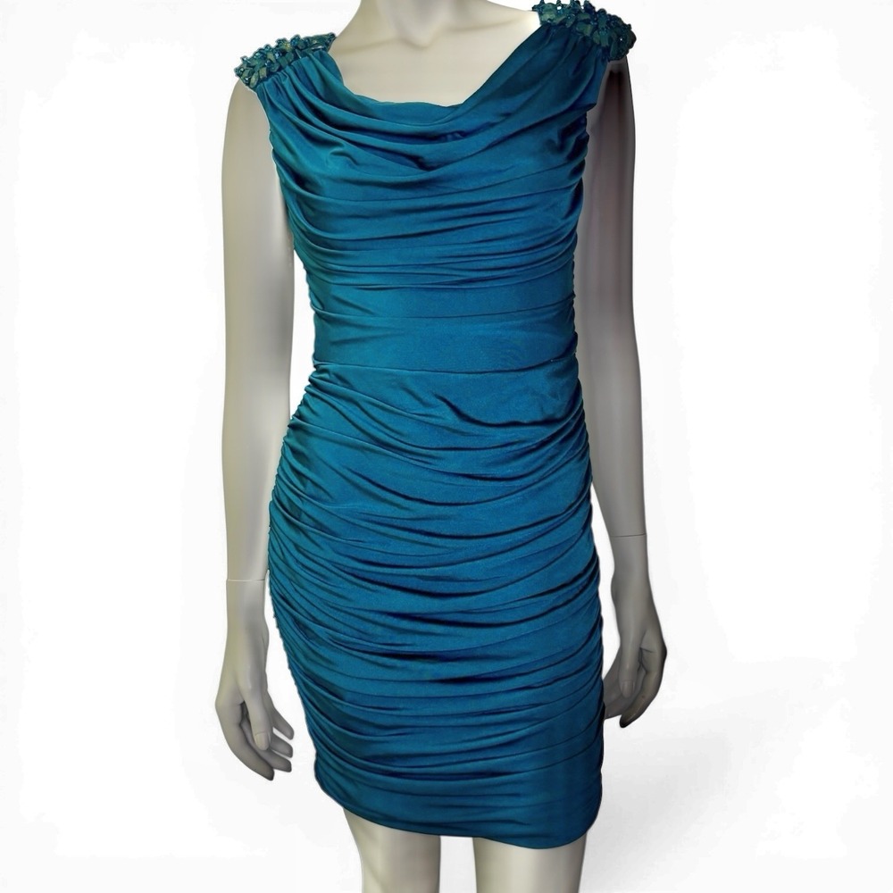 Tadashi Shoji Teal Ruched Body Con Midi Dress‎ With Beaded Shoulder Detail S